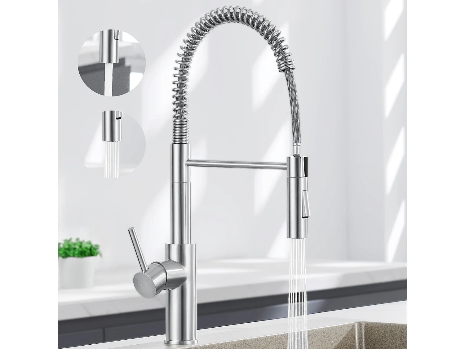 Cecipa max Mitigeur Cuisine à Ressort avec 2 Modes de Sortie D'eau Mitigeur de Evier avec Douchette Extractible Robinet Pivotant à 360°,EU Modèle