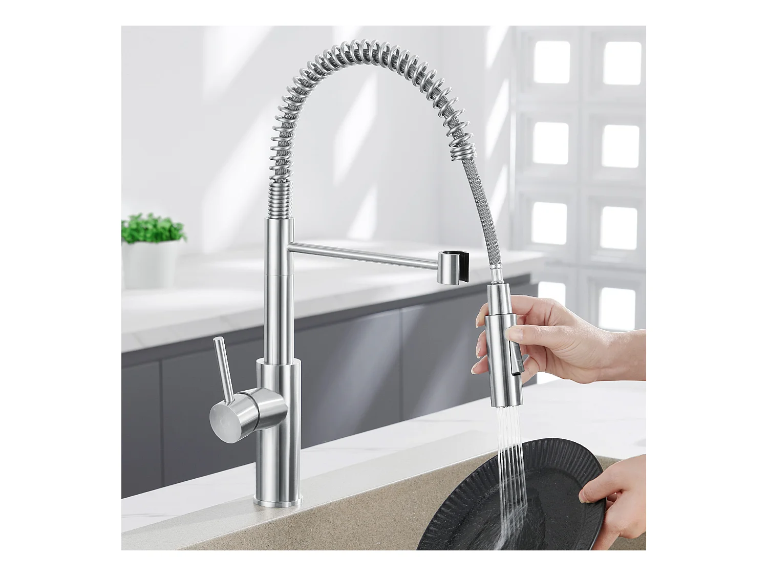 Cecipa Max Spring Miscelatore da Cucina con 2 Modalità di Uscita dell'Acqua Miscelatore per Lavello con Doccetta Estraibile Rubinetto Girevole a 360°, Modello EU