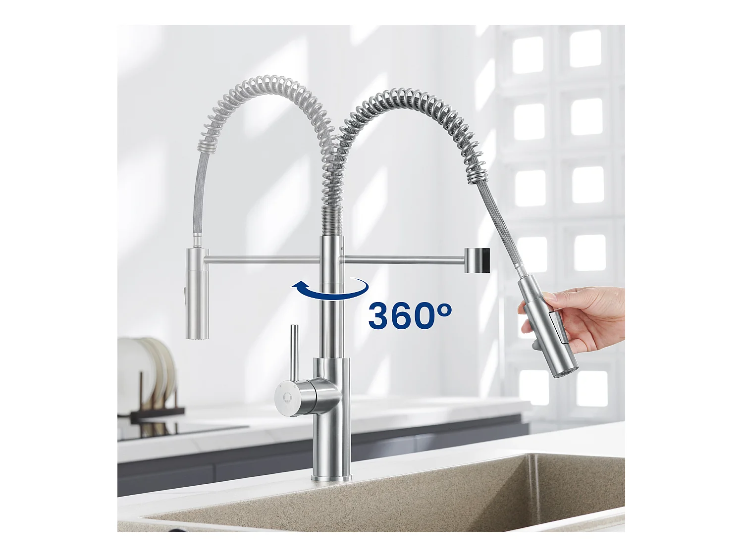 Cecipa Max Spring Miscelatore da Cucina con 2 Modalità di Uscita dell'Acqua Miscelatore per Lavello con Doccetta Estraibile Rubinetto Girevole a 360°, Modello EU