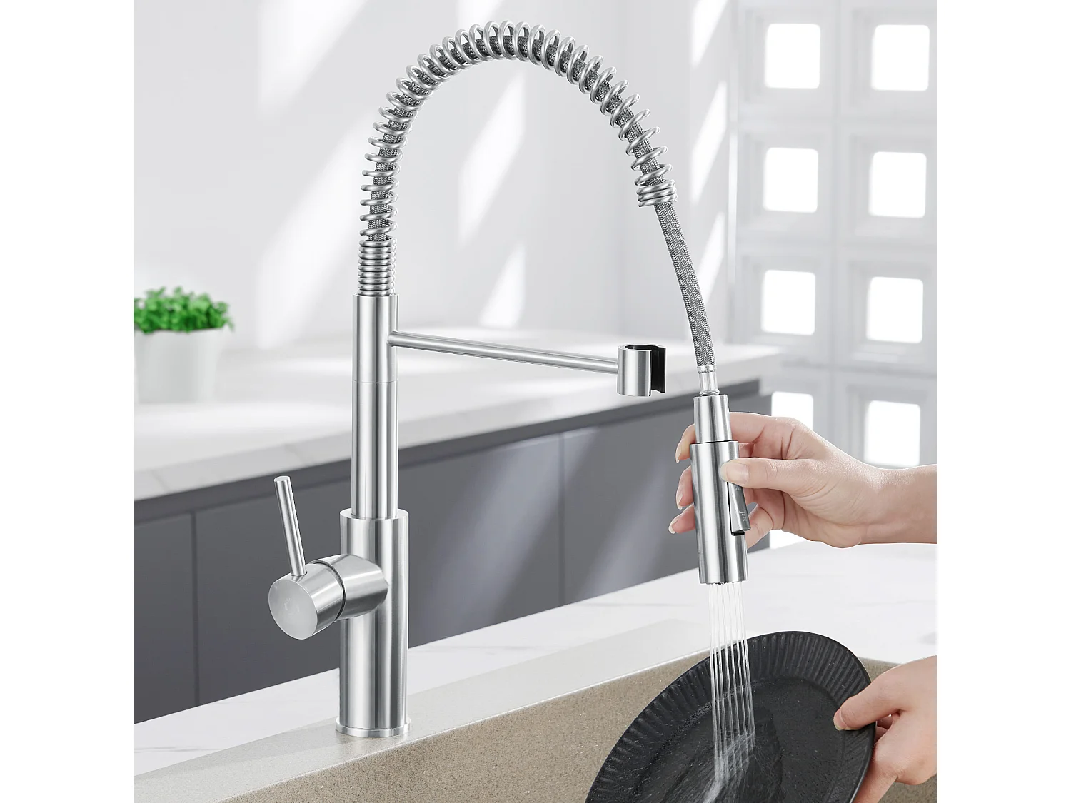 Cecipa max Spring keukenmengkraan met 2 wateruitlaatmodi spoelbakmengkraan met uittrekbare straal 360° draaibare kraan, EU-model