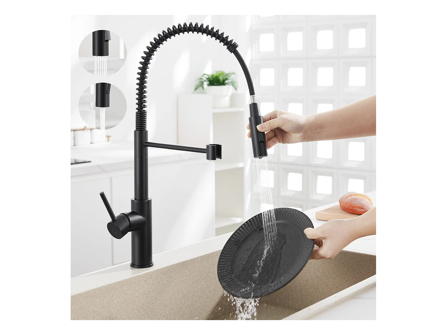 Cecipa max Mitigeur Cuisine à Ressort avec 2 Modes de Sortie D'eau Mitigeur Evier avec Douchette Extractible Robinet Pivotant à 360° Noir EU Modèle