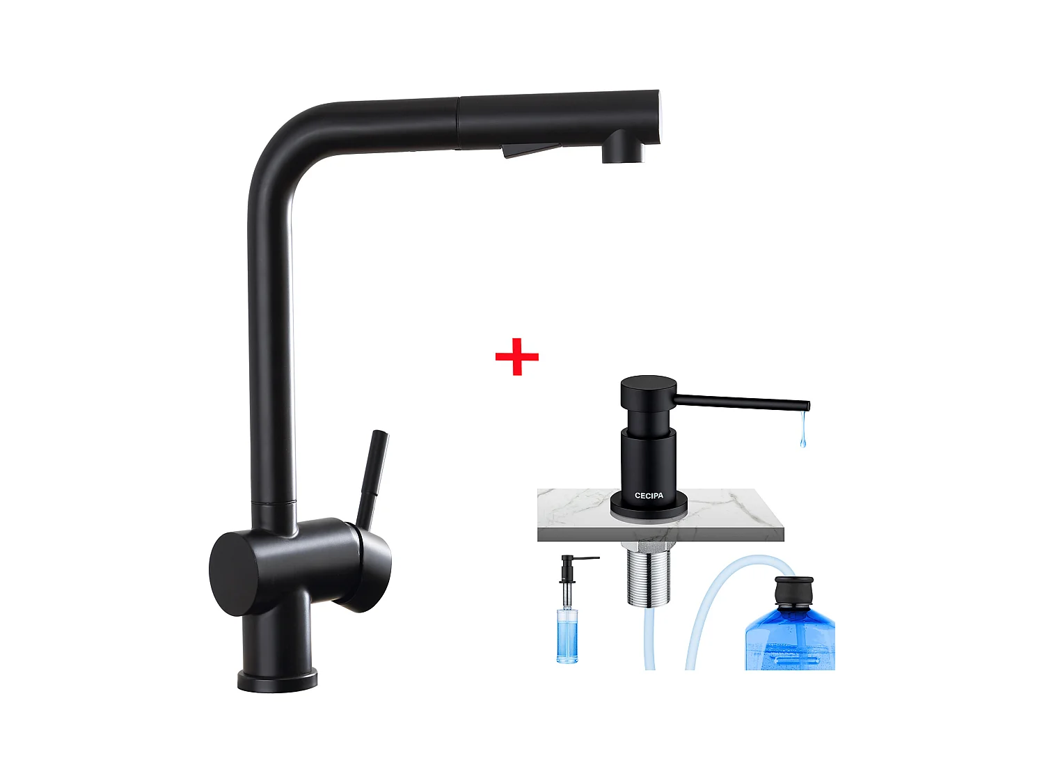 Cecipa max Robinets de Cuisine avec Douchette Extractible Mitigeur d'évier de Cuisine 2 Modes de Pulvérisat + Distributeur de Savon de Cuisine Noir