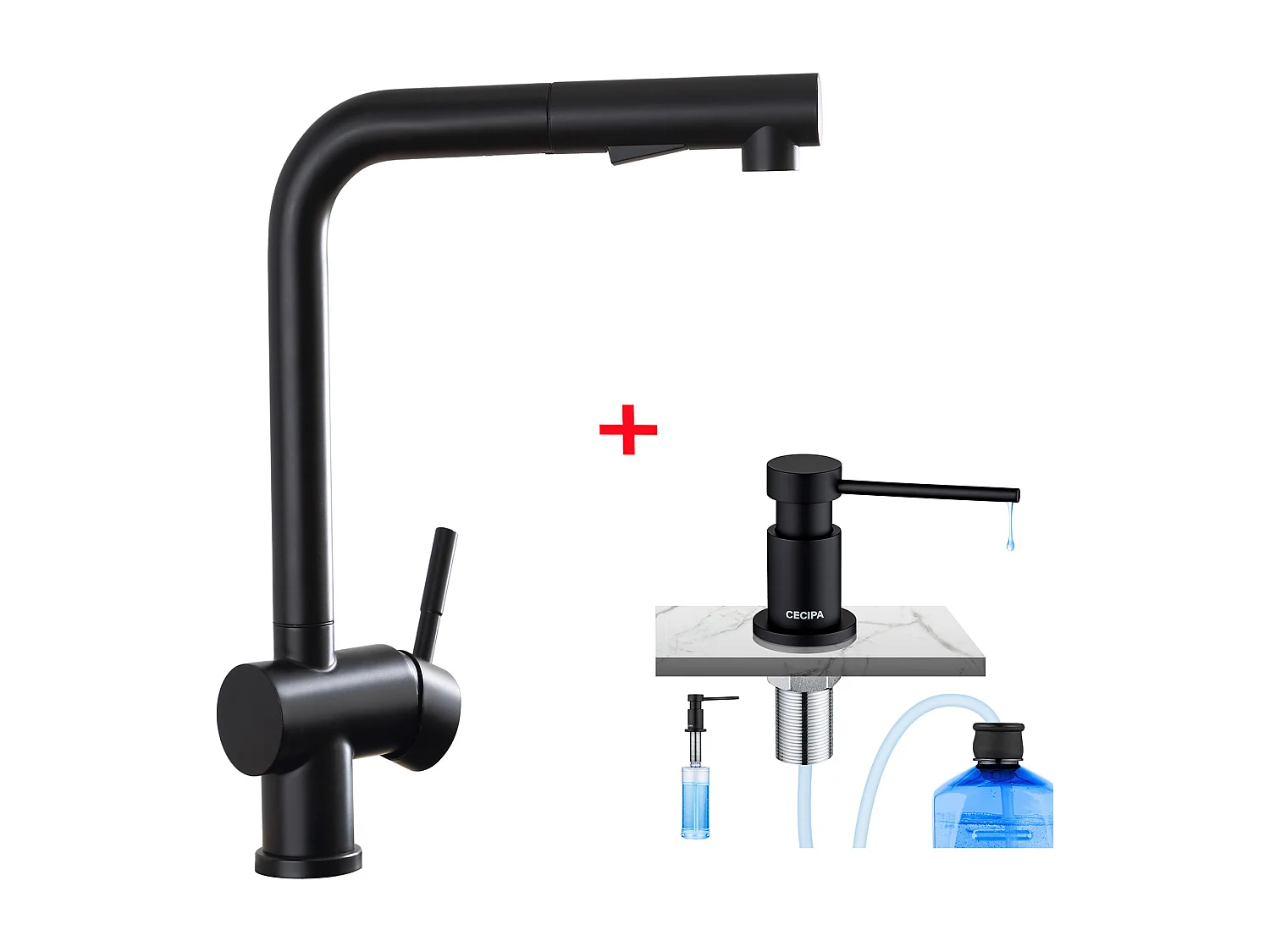 Cecipa max Robinets de Cuisine avec Douchette Extractible Mitigeur d'évier de Cuisine 2 Modes de Pulvérisat + Distributeur de Savon de Cuisine Noir