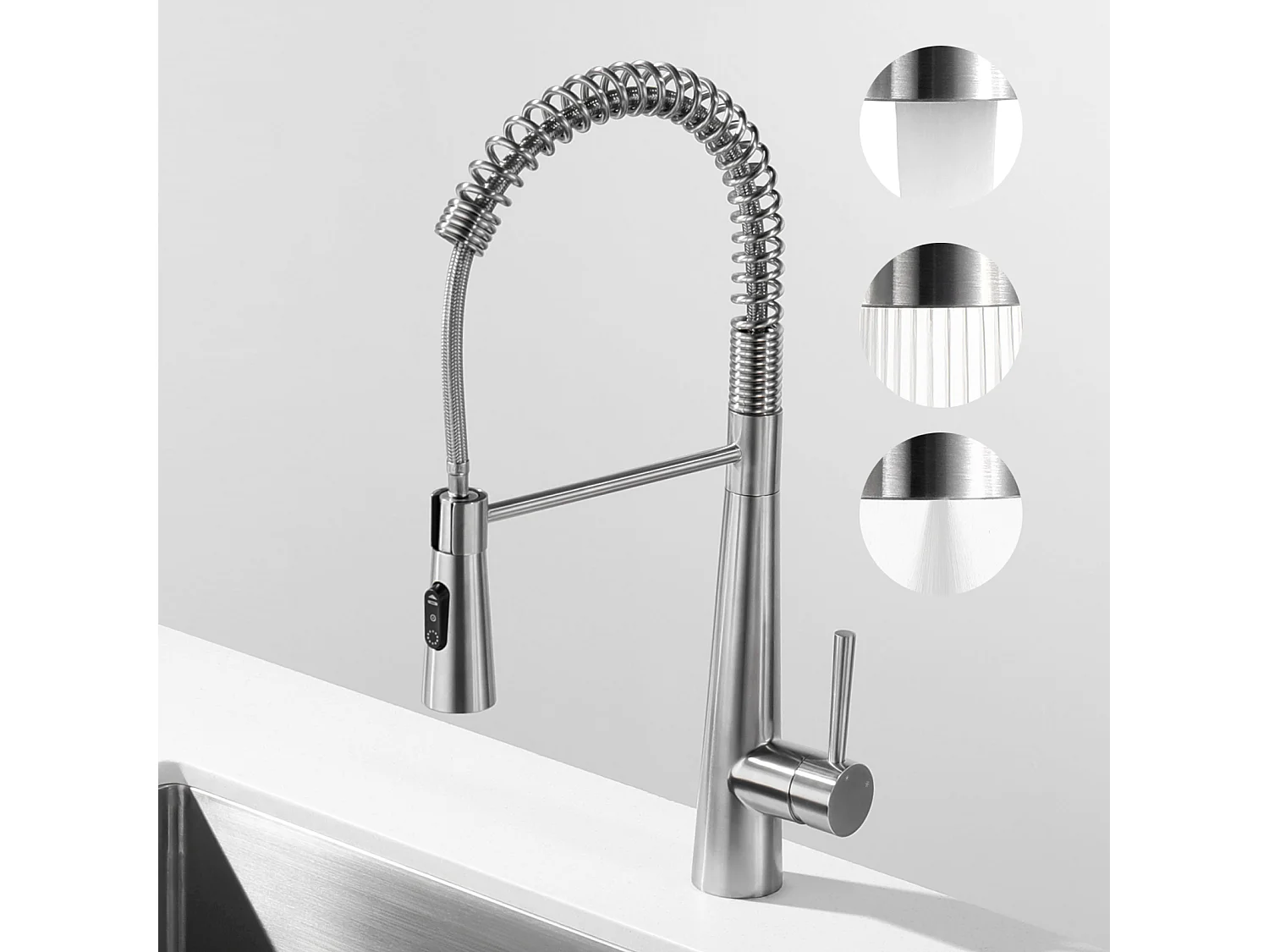 Cecipa max Spring Keukenmengkraan met 3 wateruitlaatmodi - Mengkraan met uittrekbare spray 360° draaibare kraan geborsteld, EU-model