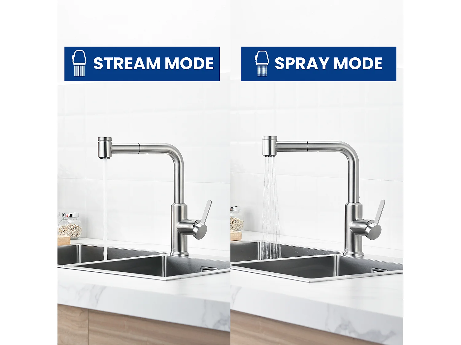 CECIPA MAX Mitigeur de Cuisine avec Douchette Extractible, Robinet d'évier Brossé, Robinet d'eau Chaude et Froide, 2 Modes de Sortie D'eau