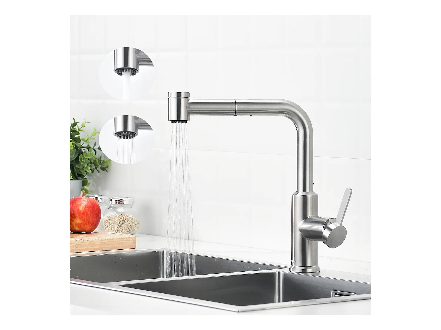 CECIPA MAX Mitigeur de Cuisine avec Douchette Extractible, Robinet d'évier Brossé, Robinet d'eau Chaude et Froide, 2 Modes de Sortie D'eau