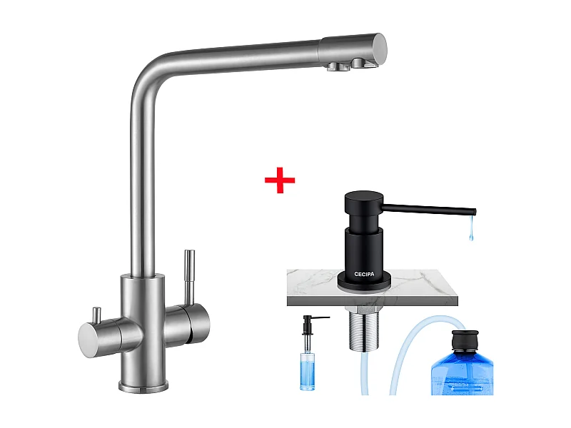Cecipa Max Miscelatore 3 in 1 per Sistema ad Osmosi, Rubinetto Lavello per Acqua Calda/Fredda e Acqua Filtrata + Dispenser Sapone Cucina Nero
