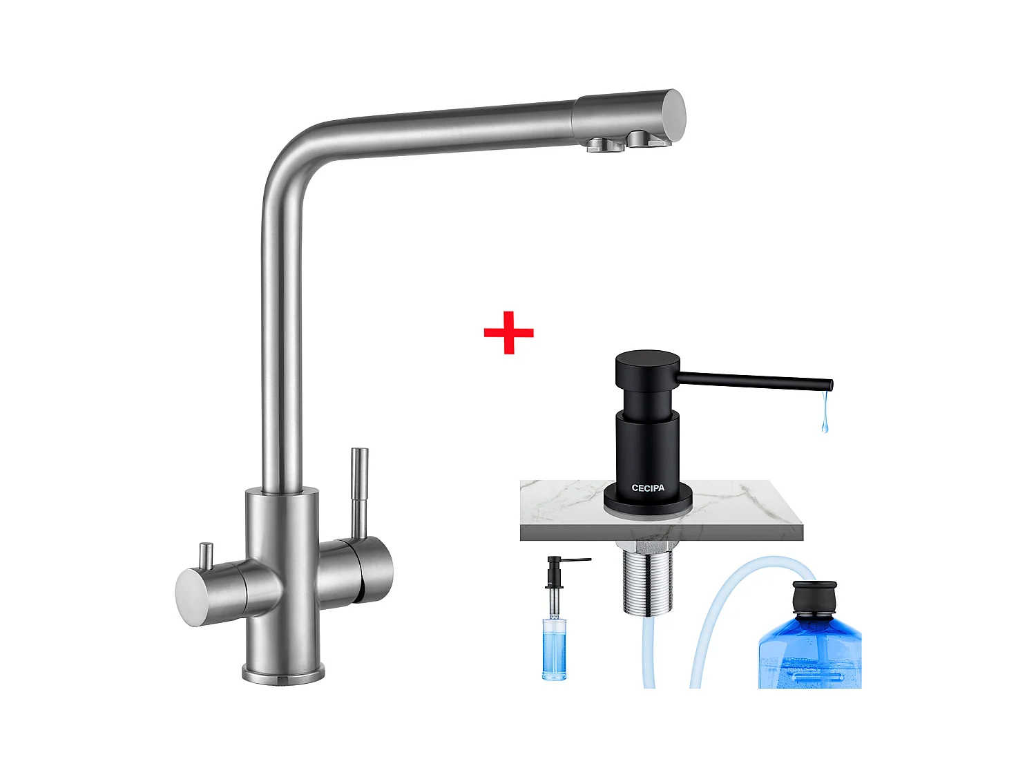 Cecipa max 3 en 1 Mitigeur pour Sstème D'osmose, Robinet Evier pour l'Eau Chaude/Froide et l'Eau Filtrée + Distributeur de Savon de Cuisine Noir