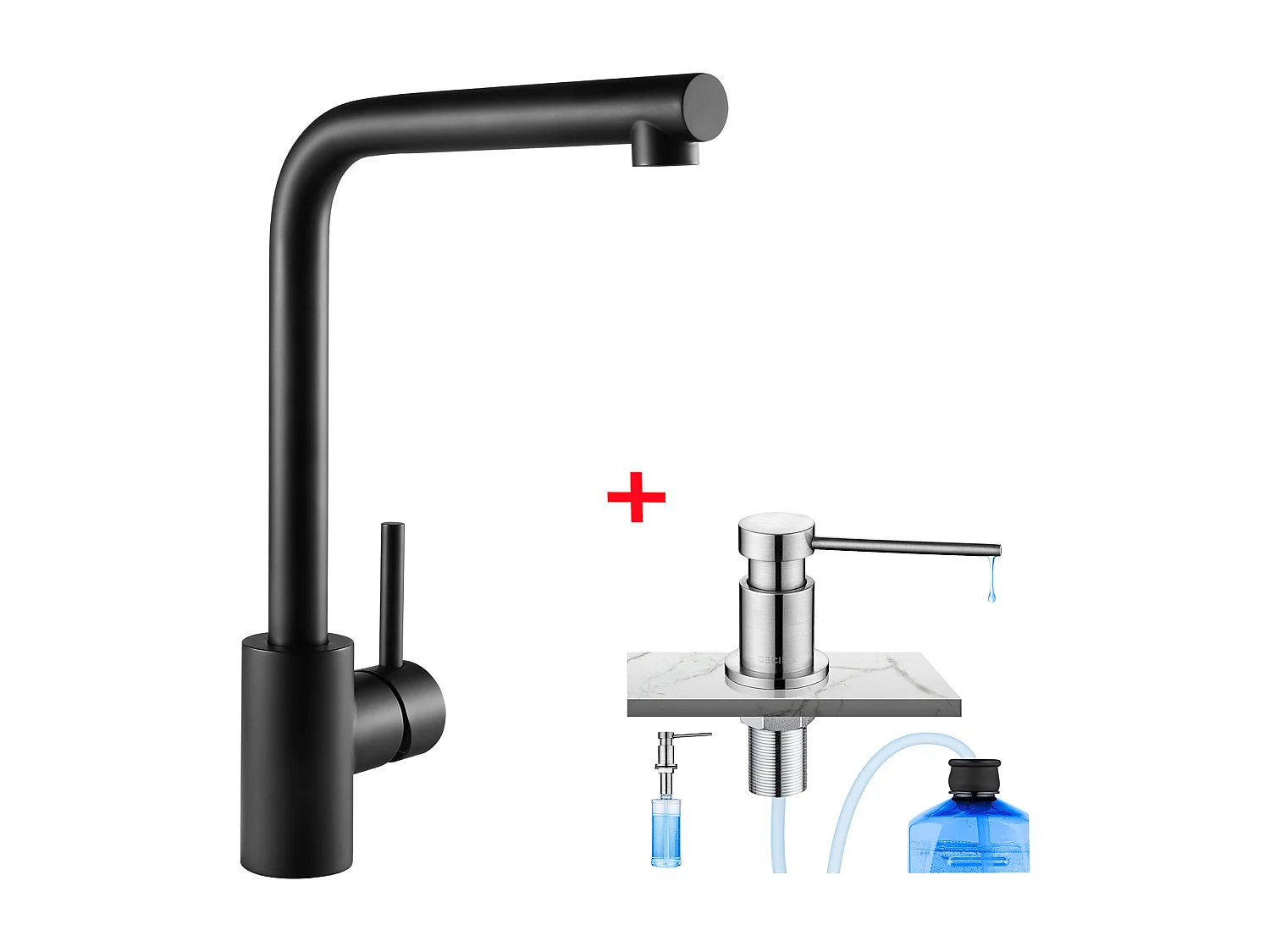 Cecipa max Mitigeur de cuisine, Robinetterie Noir en Acier Inox, Robinet de cuisine rotatif à 360 ° + Distributeur de Savon de Cuisine Brossée