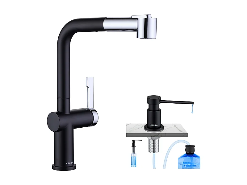 Cecipa max Mitigeur de Cuisine Robinet de Evier Extractible Noir/Galvanique + Distributeur de Savon pour Evier de Cuisine - Noir