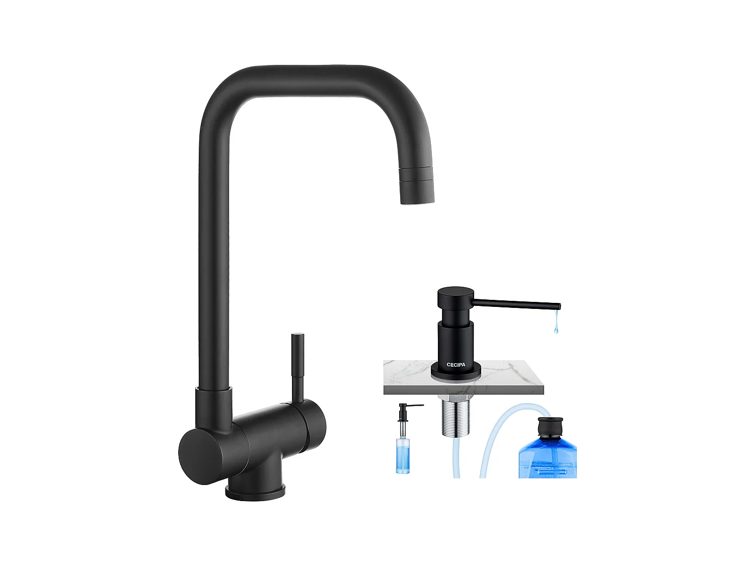 Cecipa max Mitigeur Cuisine Rabattable Noir Robinet de Cuisine Sous Fenêtre + Distributeur de Savon de Cuisine Noir