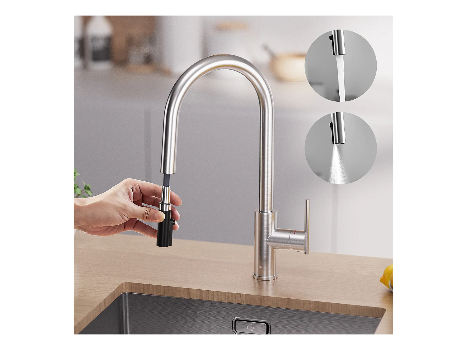 Cecipa max Brossé Mitigeur de Cuisine avec Douchette Extractible - Robinet de Evier Avec 2 modes de sortie d'eau -  Pivotant à 360°,EU Modèle