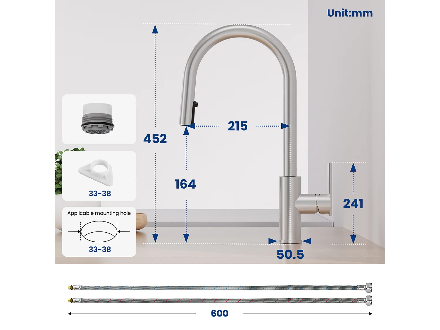 Cecipa max Geborstelde Keukenmengkraan met Uittrekbare Sproeier - Wastafelkraan met 2 waterafvoermodi - 360° Draaibaar, EU-model