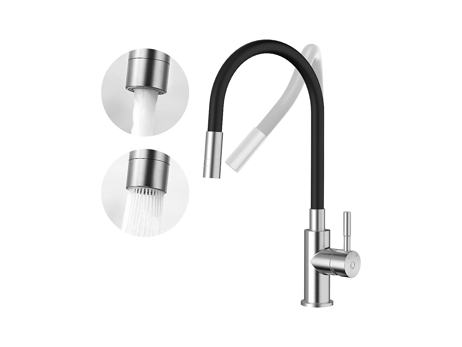 Robinet Cuisine Flexible Robinet avec 2 Types de Jets, Mitigeur Cuisine Rabattable, Flexible Mitigeur Evier avec Eau Chaude et Froide - Noir + Brossé