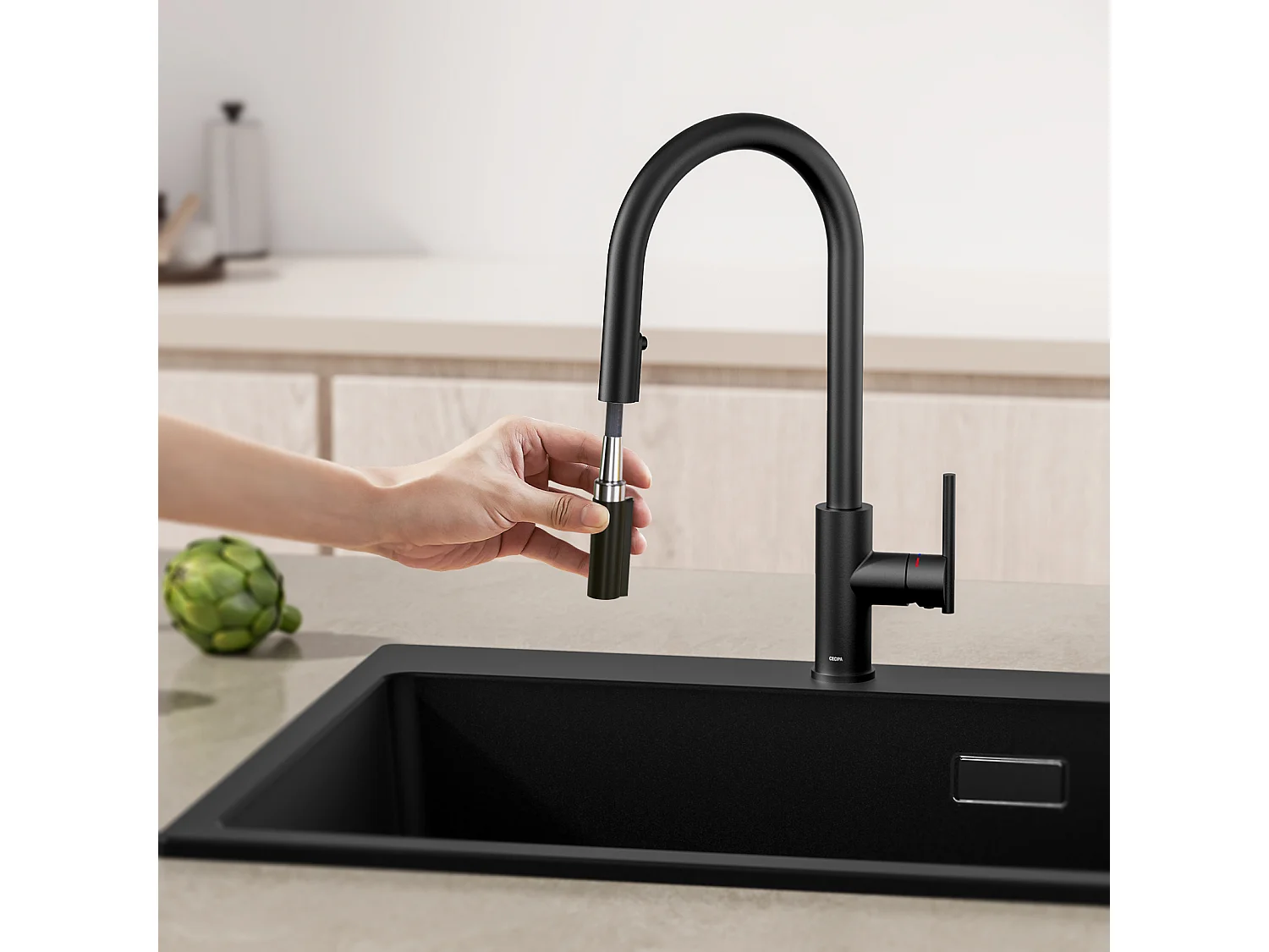 Cecipa max Mezclador de cocina con ducha extraíble Grifo de cocina giratorio 360 con 2 chorros a elegir Grifería negra de alta calidad, modelo EU