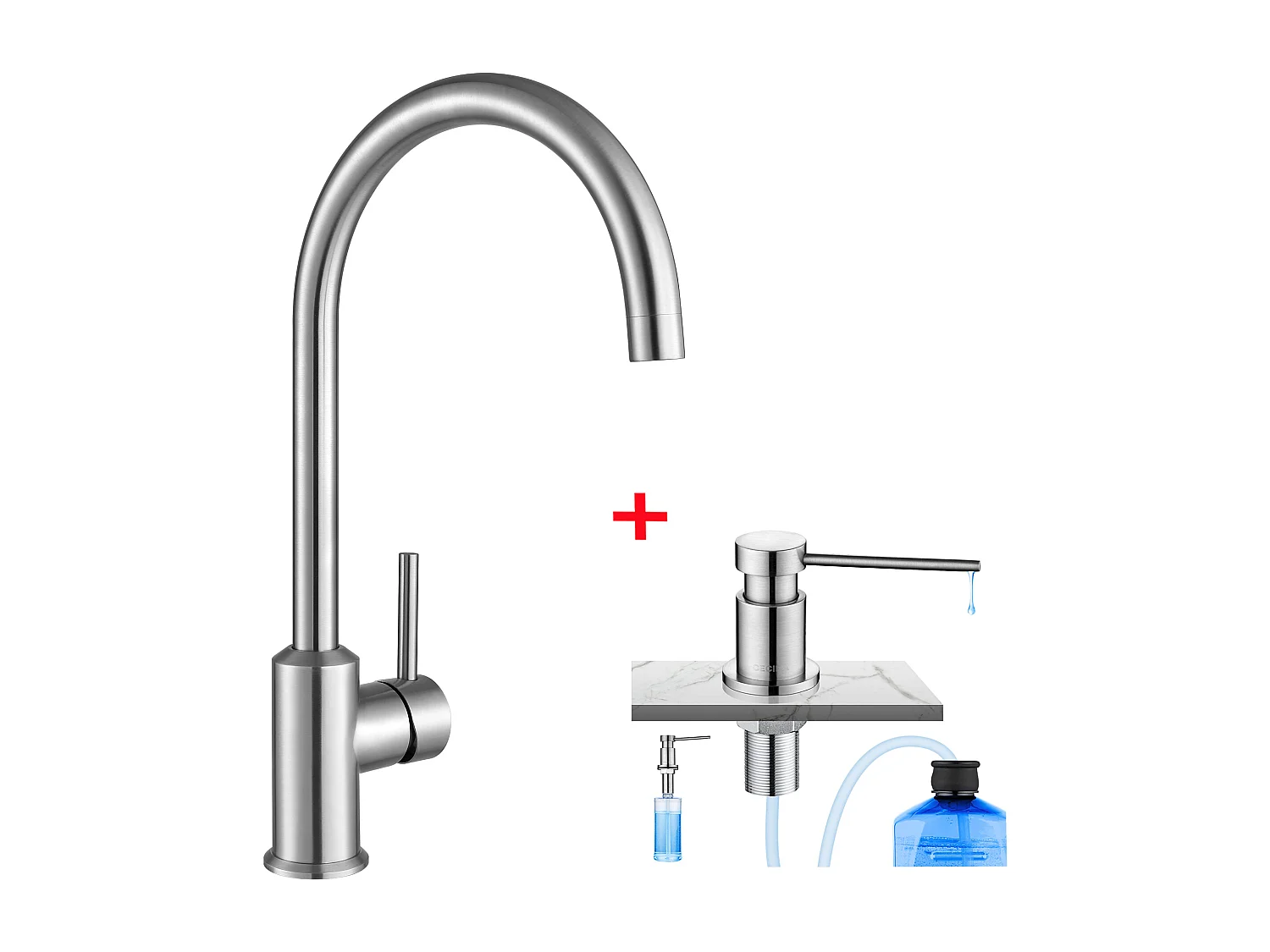 Cecipa max Mitigeur de Cuisine Monocommande, Robinet Évier en Acier Inox , Robinetterie Rotatif à 360° + Distributeur de Savon de Cuisine Brossée