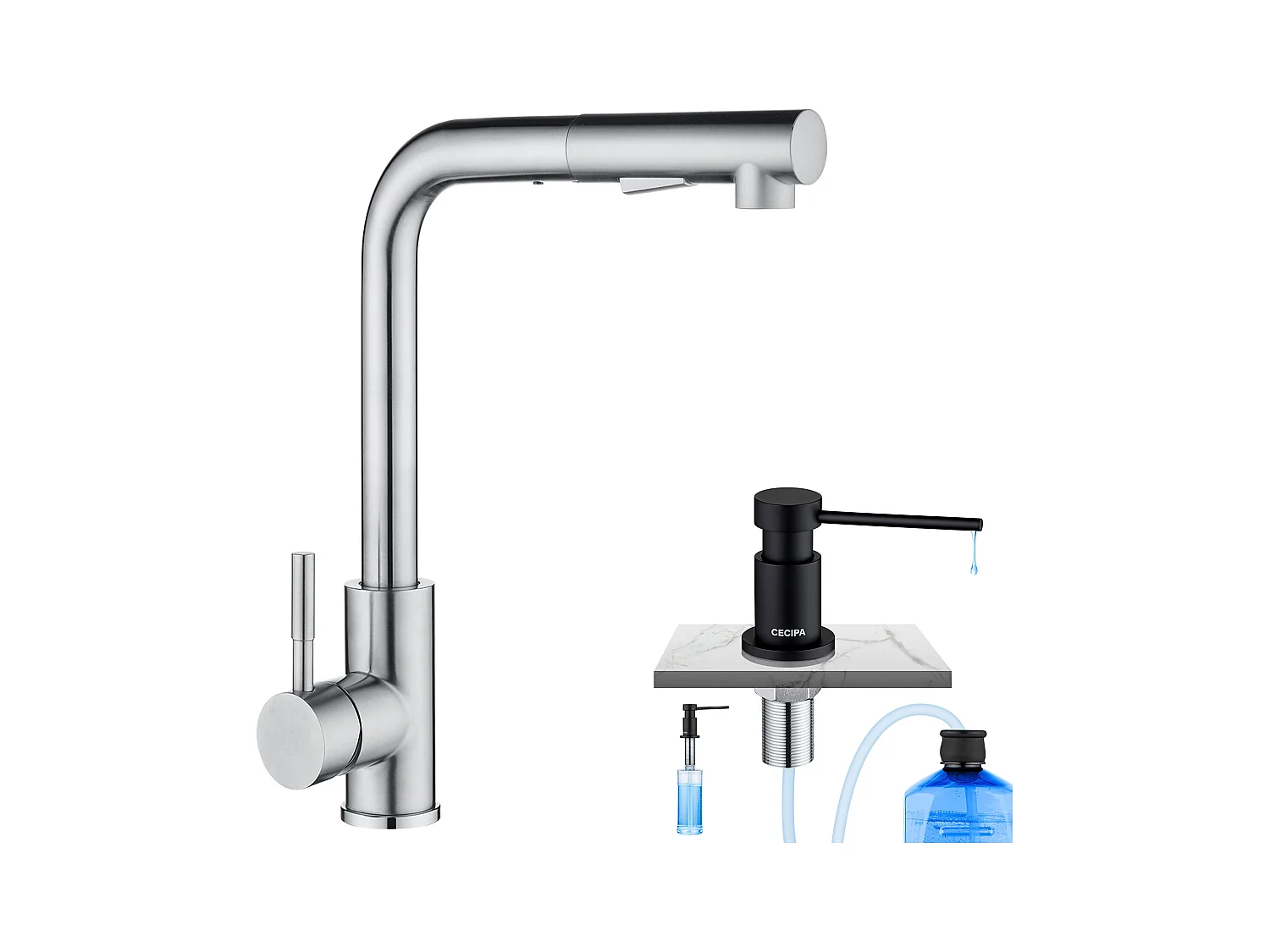 Cecipa max Mitigeur Cuisine avec Douchette Extractible Robinet Cuisine 360 Rotatif + Distributeur de Savon de Cuisine Noir