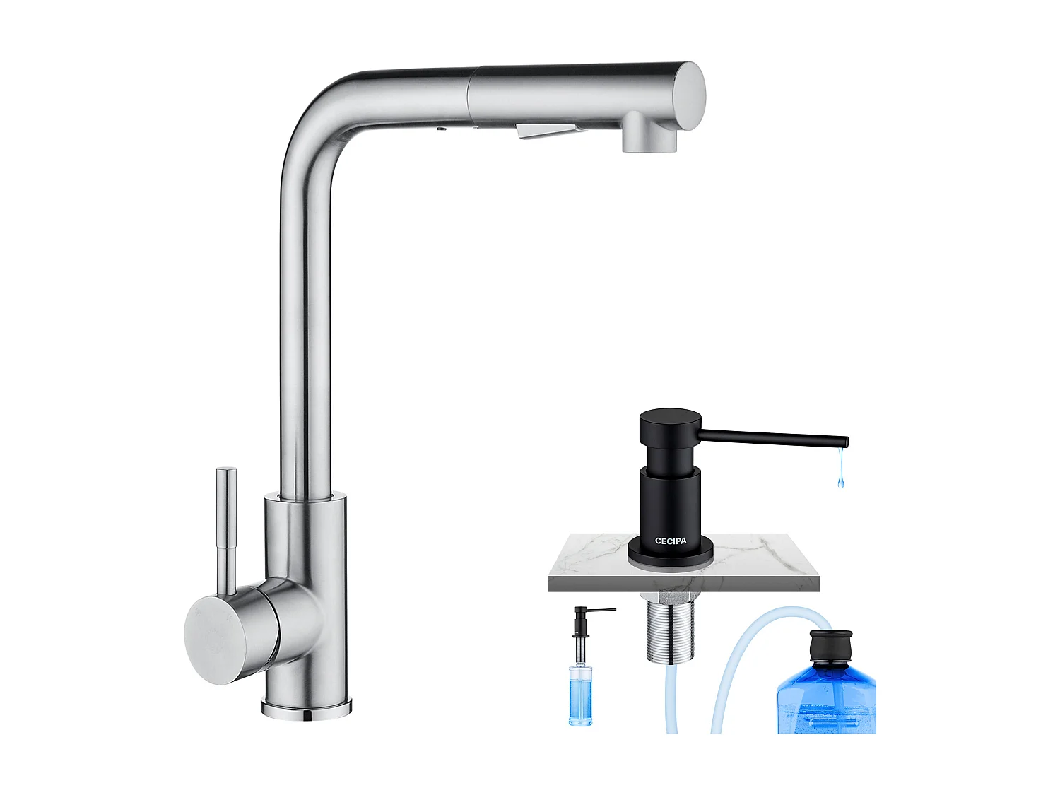 Cecipa max Mitigeur Cuisine avec Douchette Extractible Robinet Cuisine 360 Rotatif + Distributeur de Savon de Cuisine Noir
