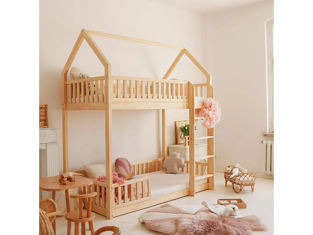 Cama cabaña litera 90x200 con barandilla y somier patas 1 cm Daisy Madera