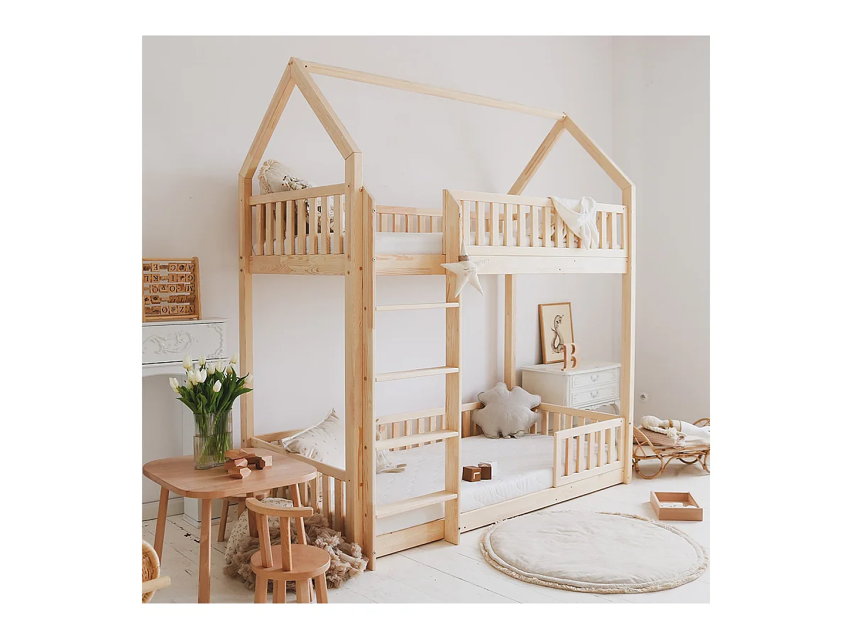 Lit cabane superposé 90x200 barrière et sommier inclus pieds 1 cm Daisy Bois