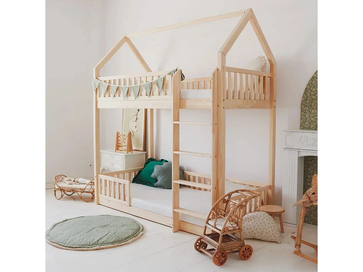Lit cabane superposé 90x200 barrière et sommier inclus pieds 1 cm Daisy Bois