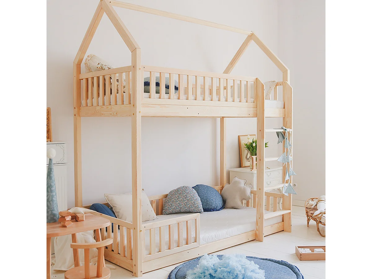 Lit cabane superposé 90x200 barrière et sommier inclus pieds 1 cm Daisy Bois