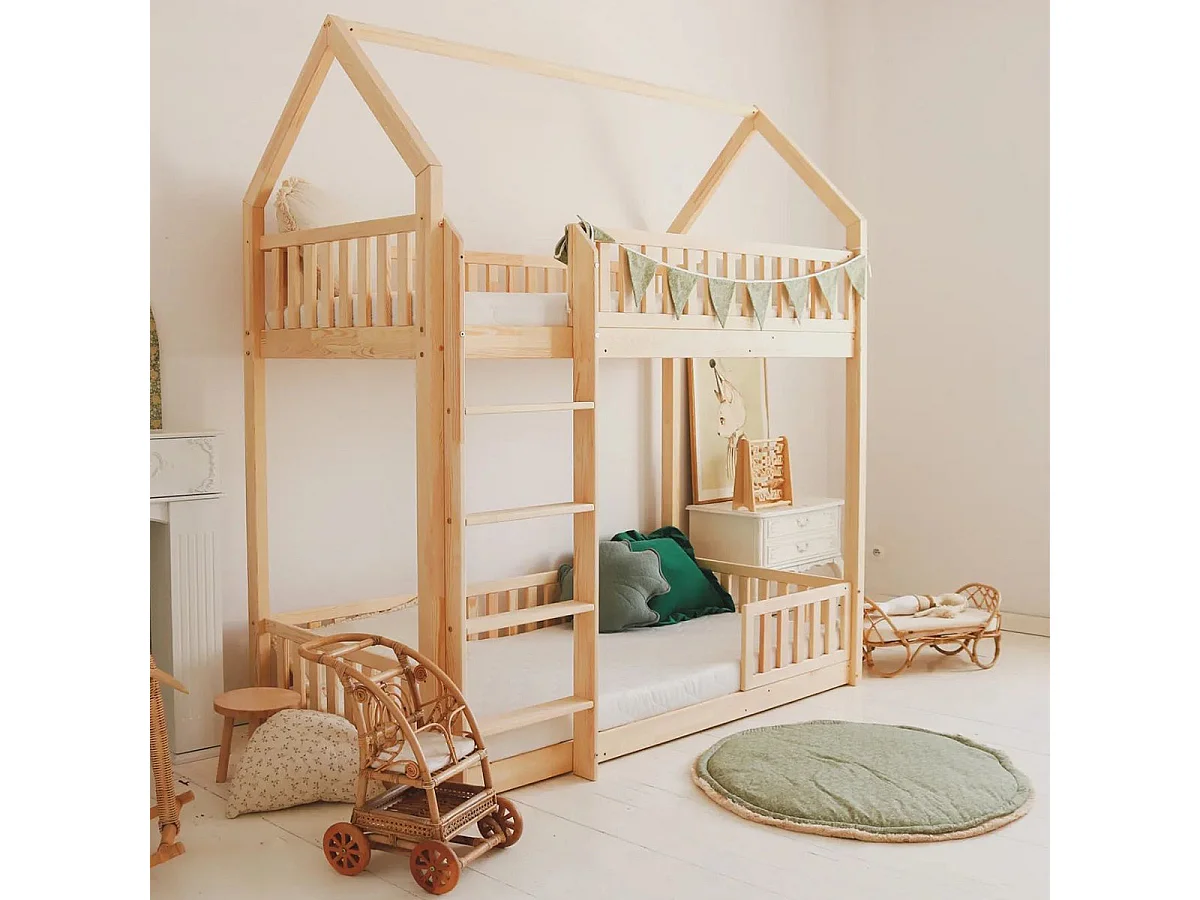 Cama cabaña litera 90x200 con barandilla y somier patas 1 cm Daisy Madera