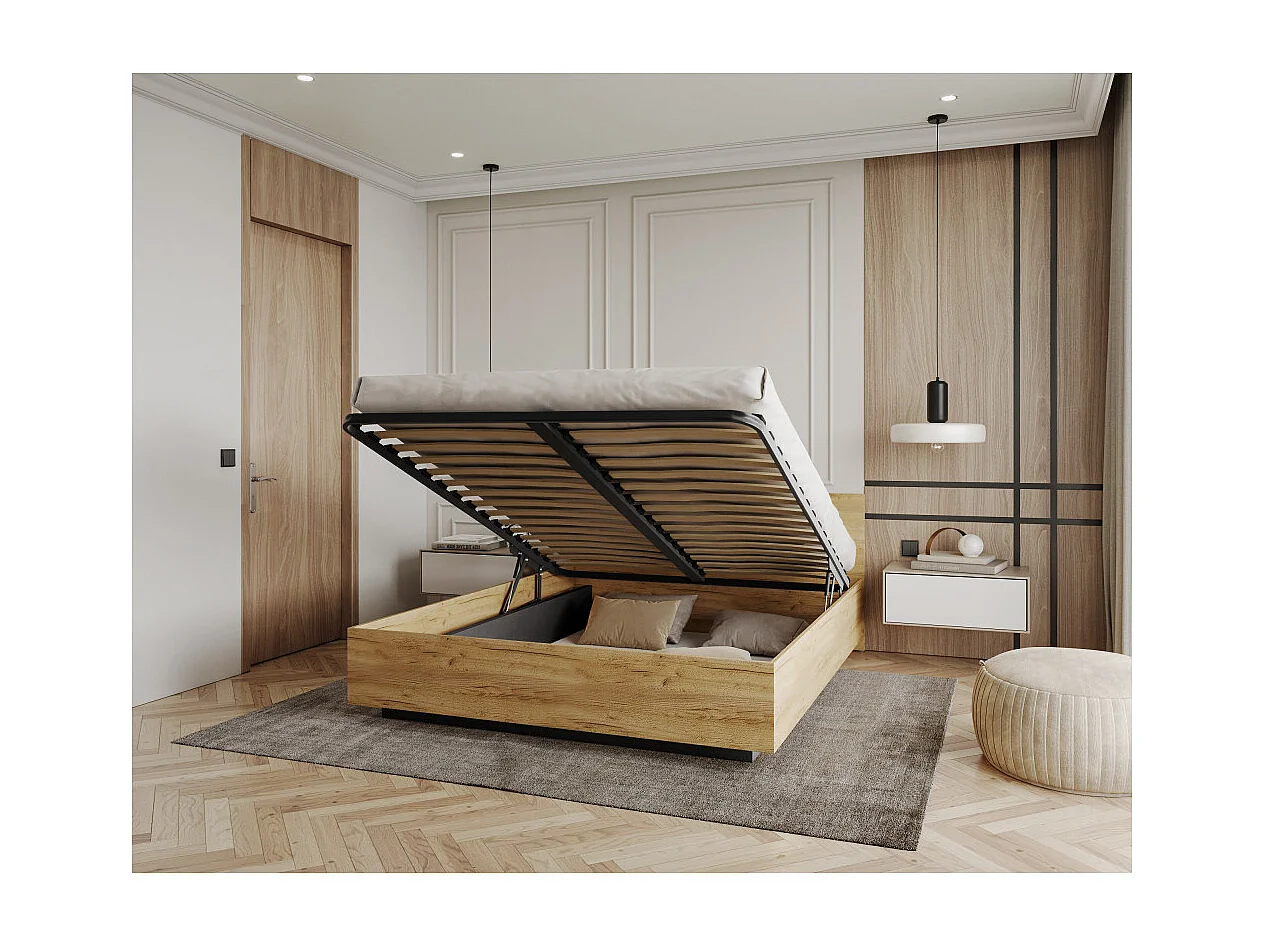 Lit coffre Lima 160 x 200 cm avec sommier à lattes relevable Chêne