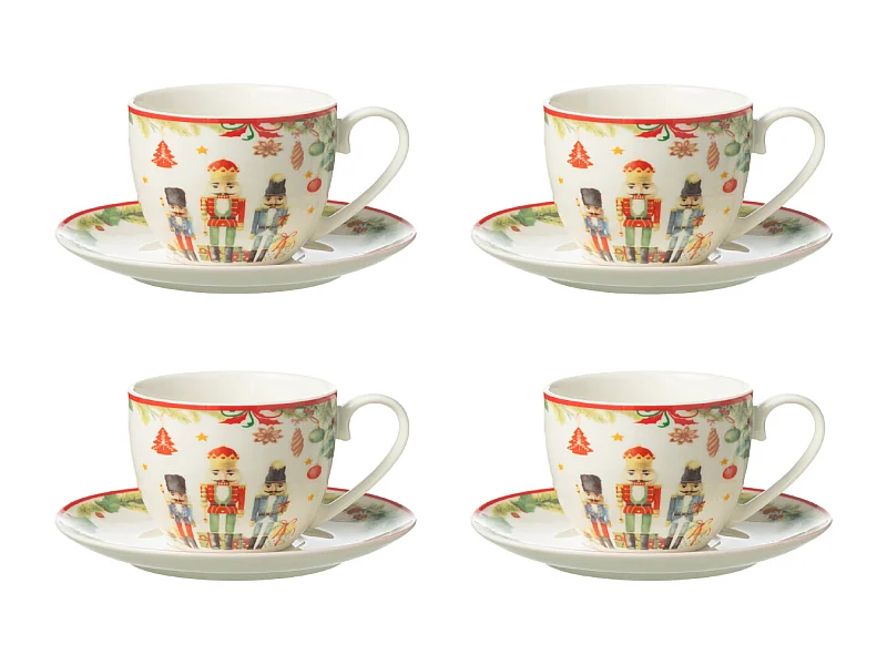 Lot de 4 Tasses à Thé & Sous-Tasses "Casse-Noisette" 22cl Blanc