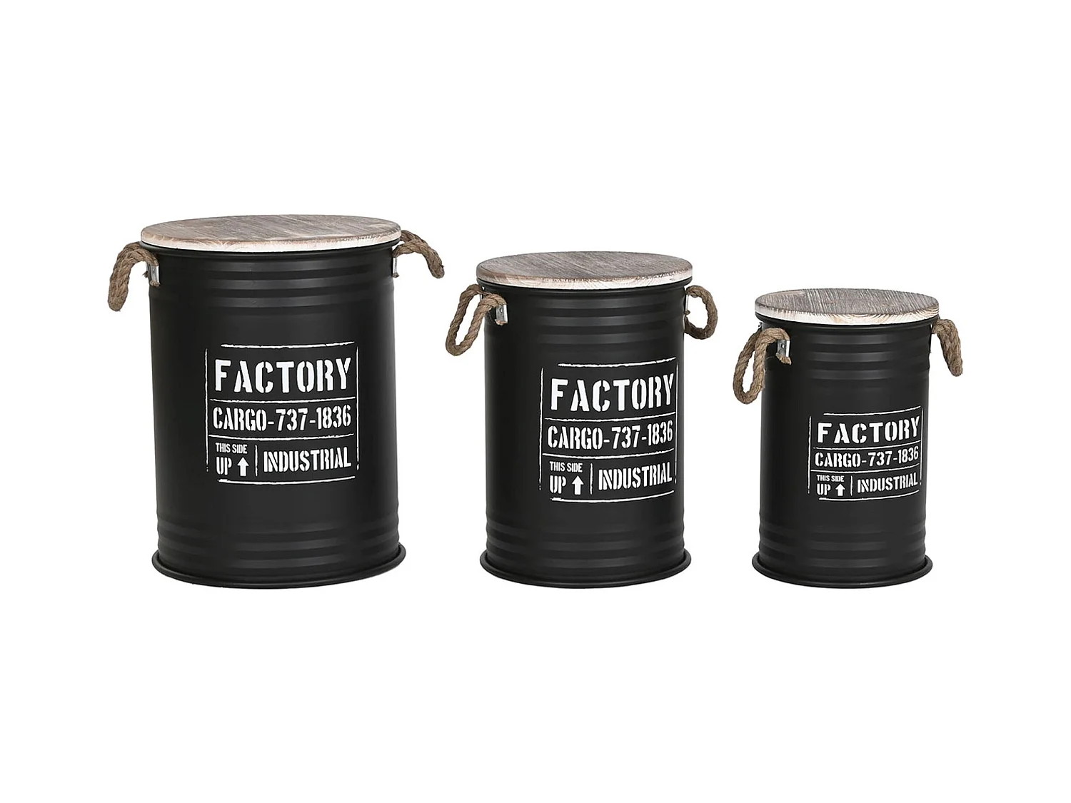Set de 3 coffres rondes de rangement en bois naturel et métal coloris noir