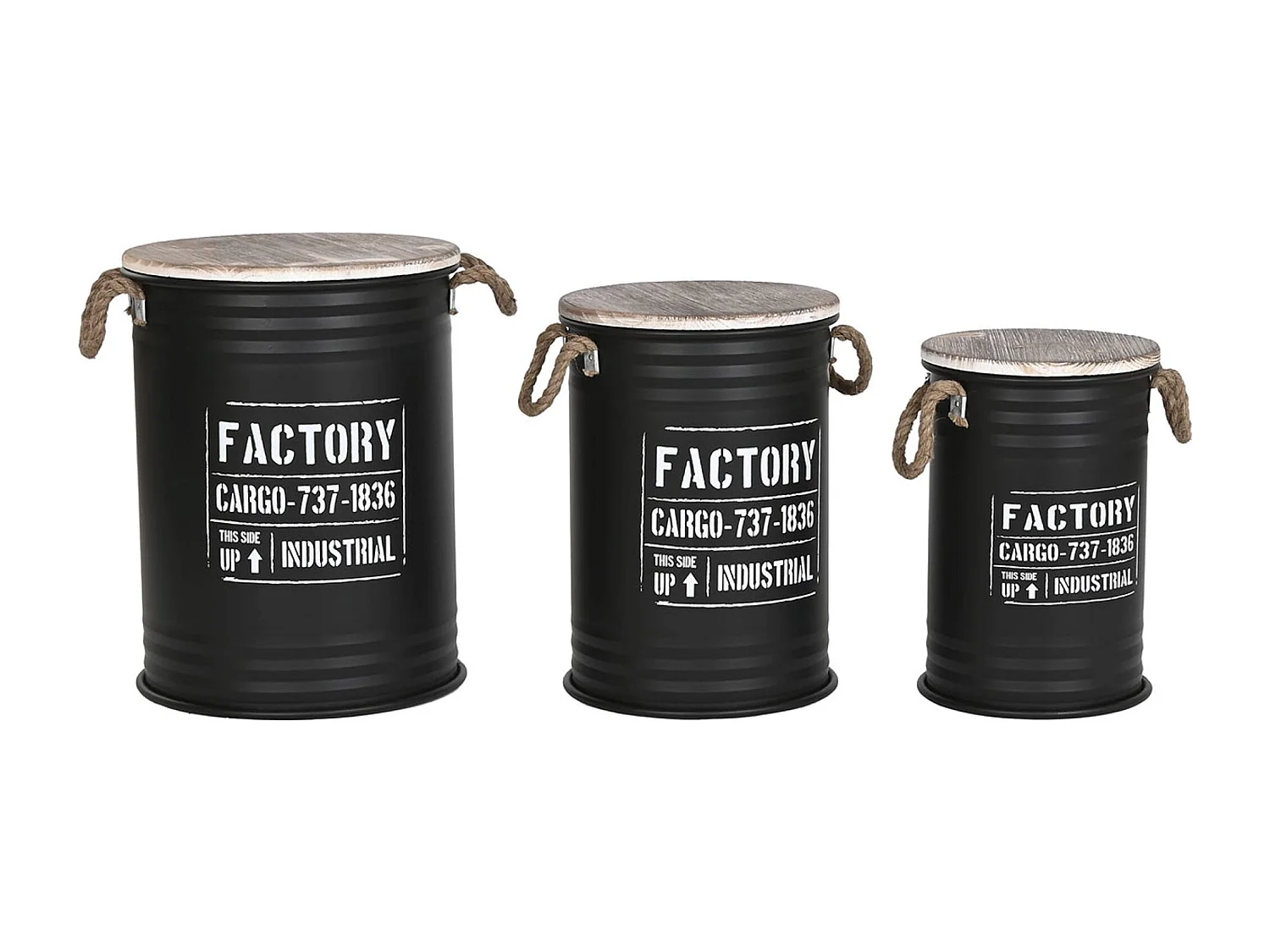 Set de 3 coffres rondes de rangement en bois naturel et métal coloris noir