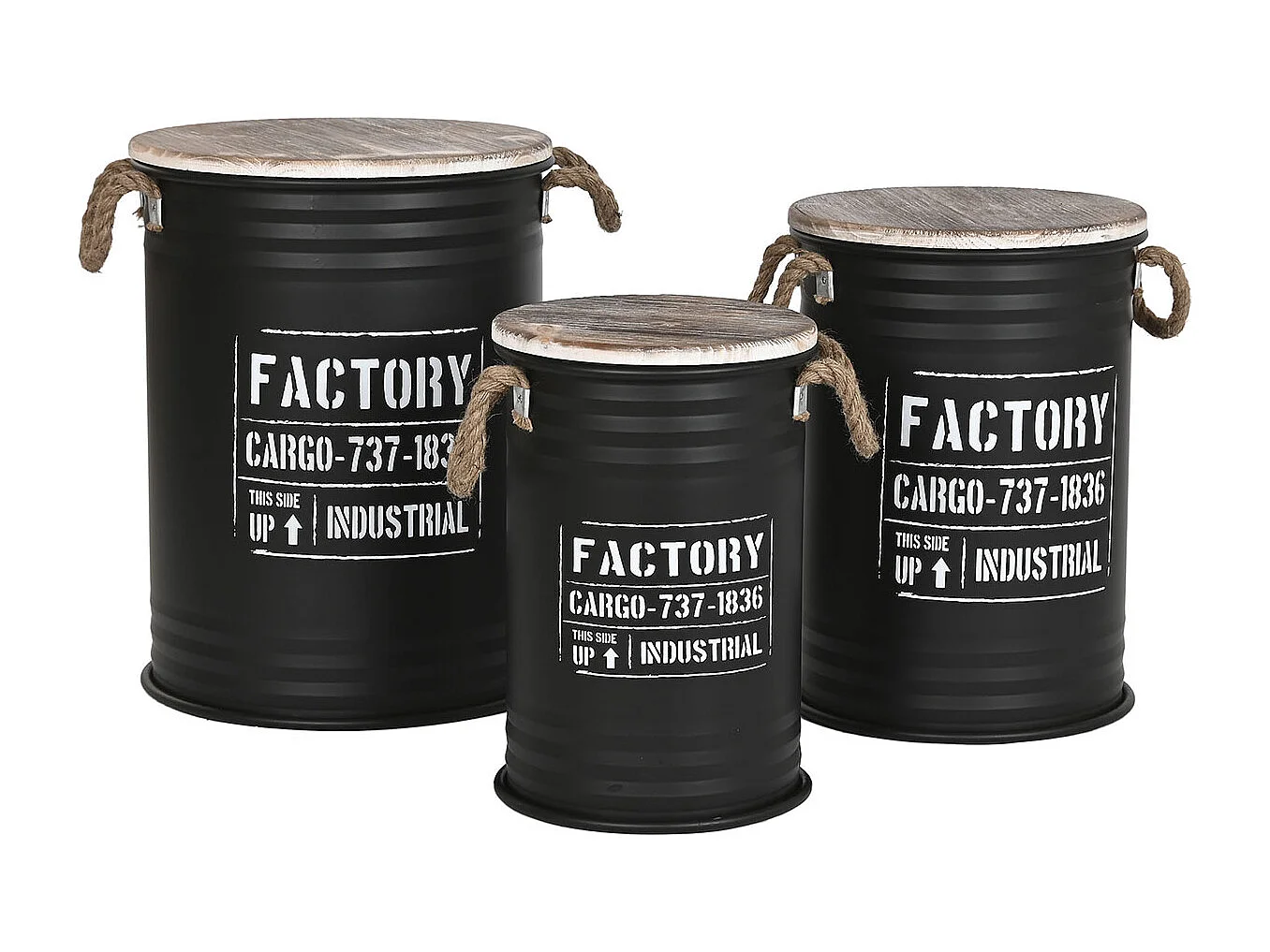 Set de 3 coffres rondes de rangement en bois naturel et métal coloris noir