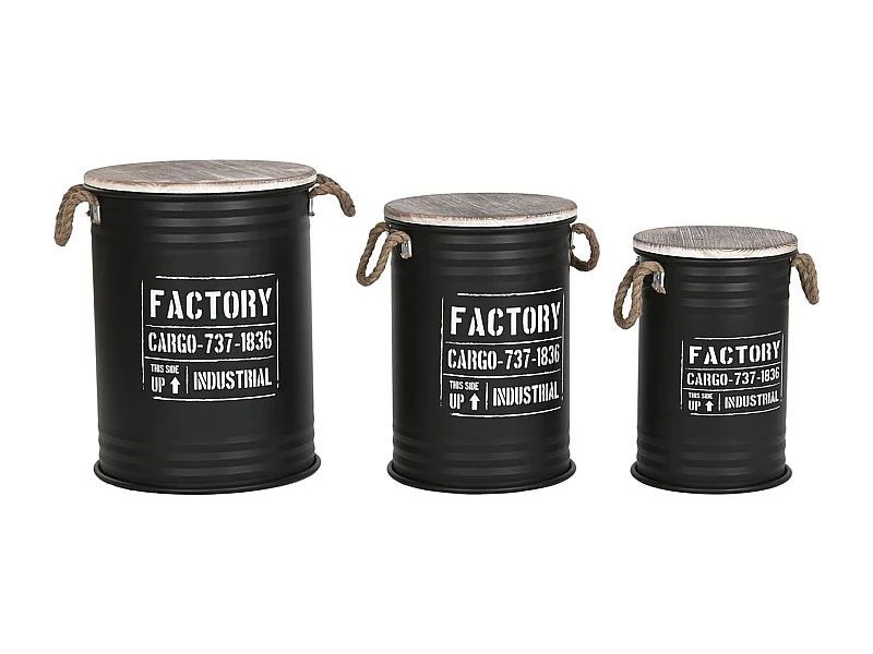 Set de 3 coffres rondes de rangement en bois naturel et métal coloris noir