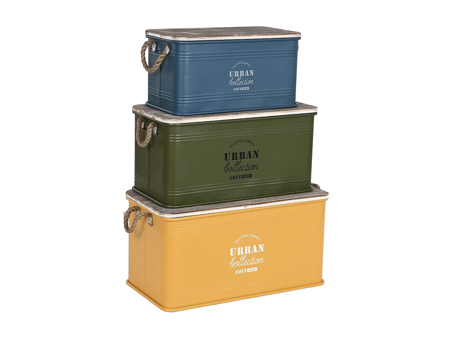 Set de 3 coffres de rangement en métal multicolore et bois naturel