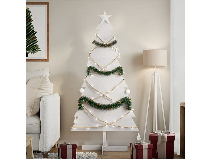 Arbre de Noël en bois pour décoration blanc 150 cm pin massif