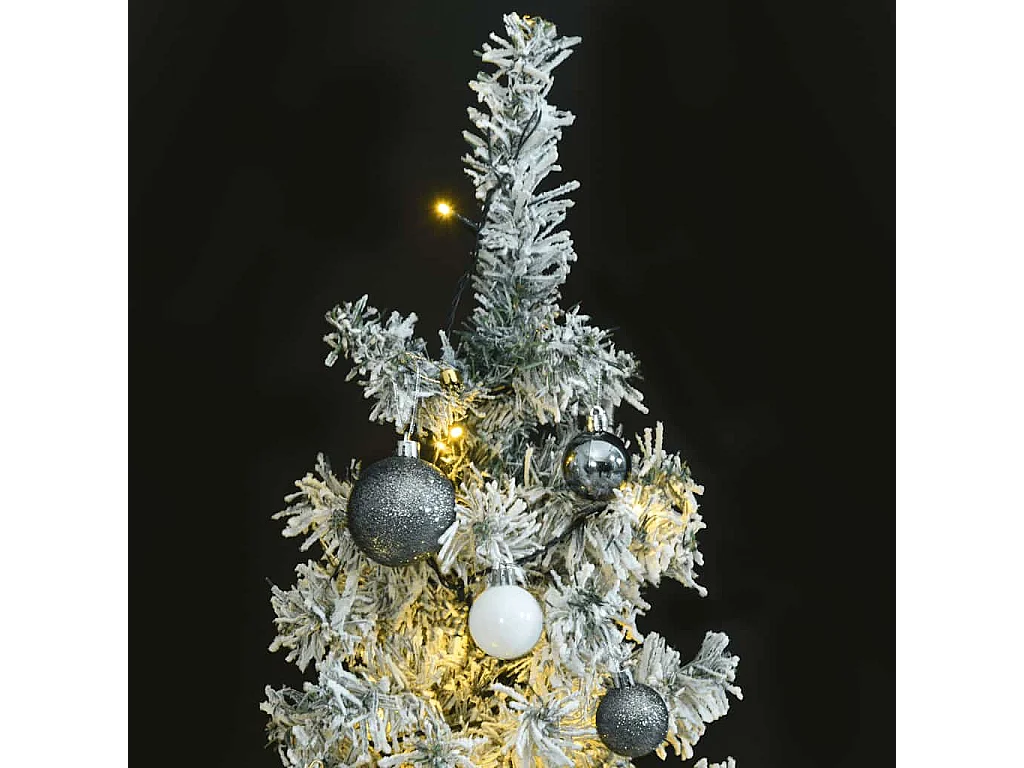 Árvore de Natal fina com 300 luzes LED, bolas e neve 270 cm