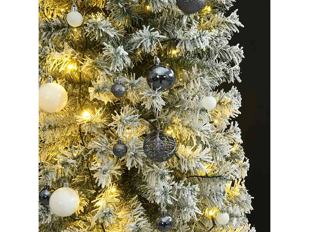 Árvore de Natal fina com 300 luzes LED, bolas e neve 270 cm