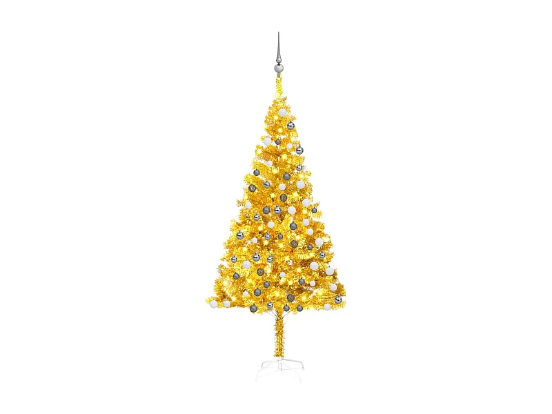 Arbre de Noël artificiel pré-éclairé et boules doré 180 cm PET