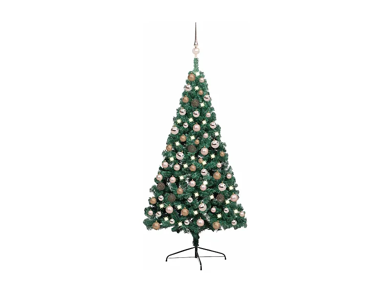 Meia árvore Natal artificial pré-iluminada com bolas verde