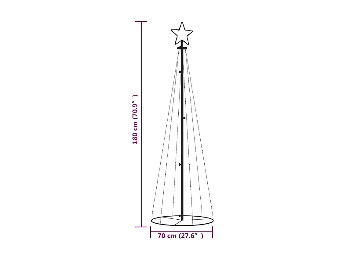 Árvore de Natal em cone 108 luzes LED 70x180 cm colorido