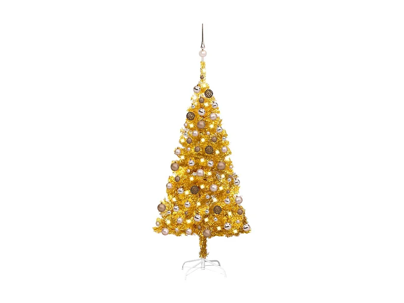 Árbol de Navidad preiluminado con luces y bolas dorado 150 cm