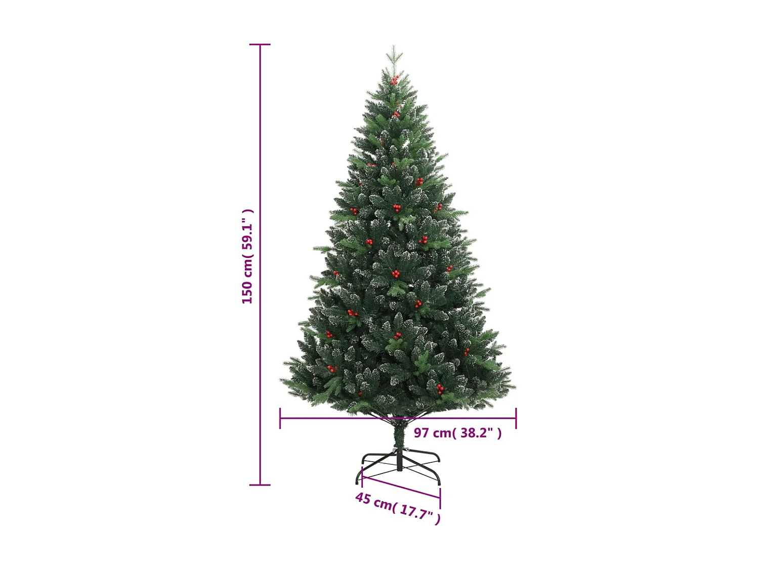 Árvore de Natal artificial articulada com bagas vermelhas 150 cm