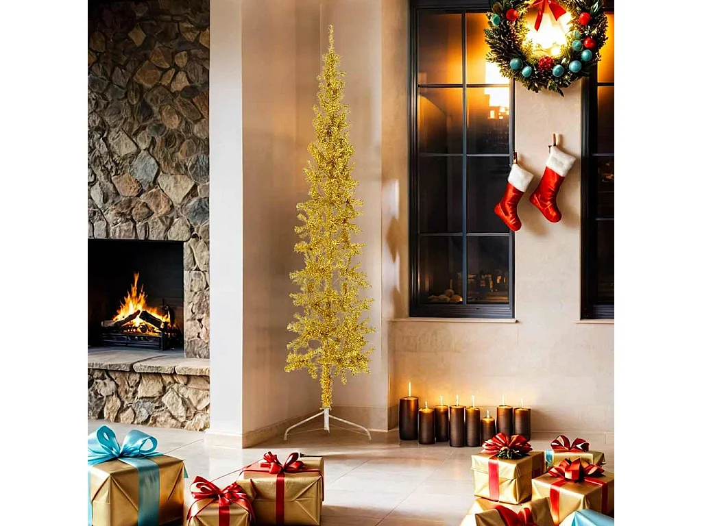 Kunstkerstboom half met standaard smal 180 cm goudkleurig