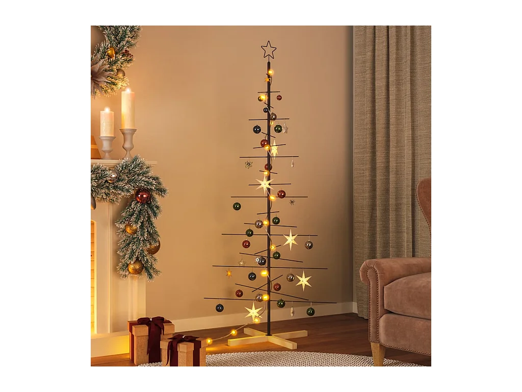 Kerstdecoratie kerstboom met houten basis 180 cm metaal zwart