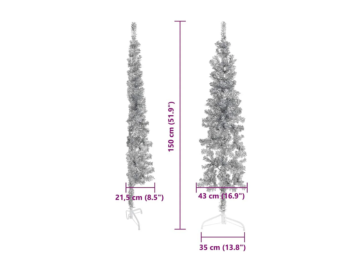 Medio árbol de Navidad artificial con soporte plateado 150 cm