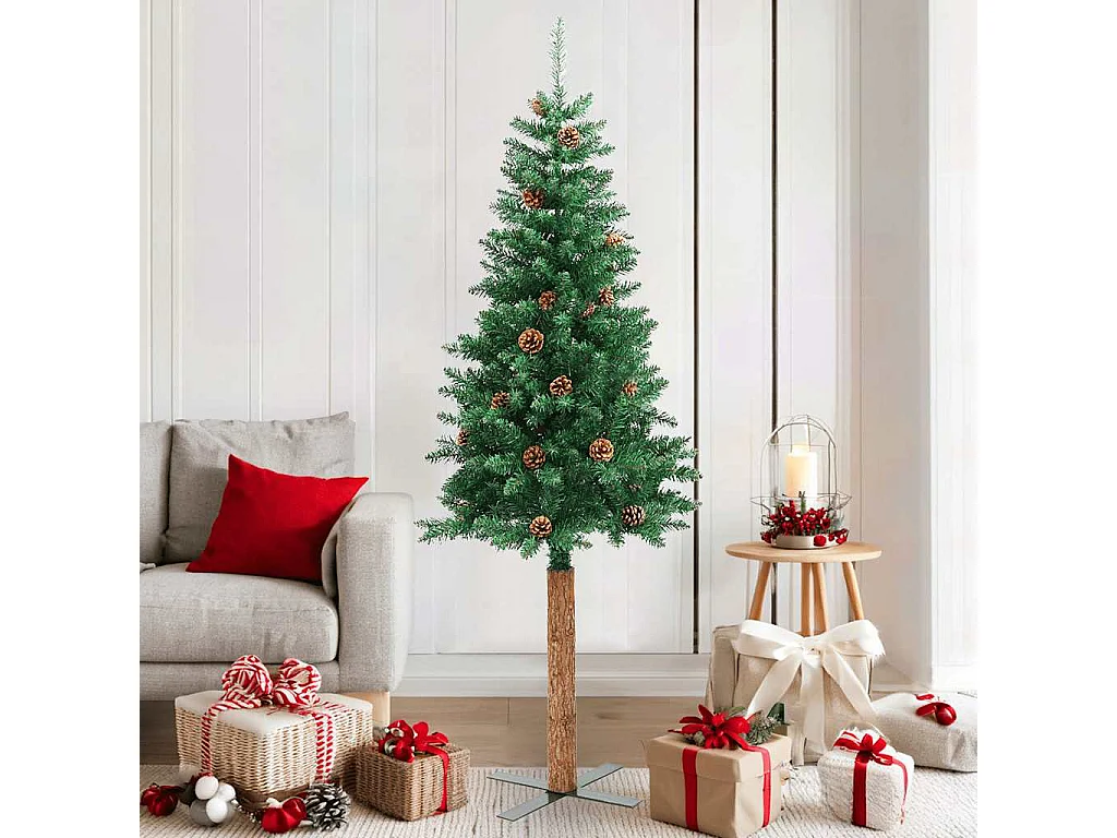 Árvore de Natal fina madeira e pinhas genuínas 180 cm PVC verde