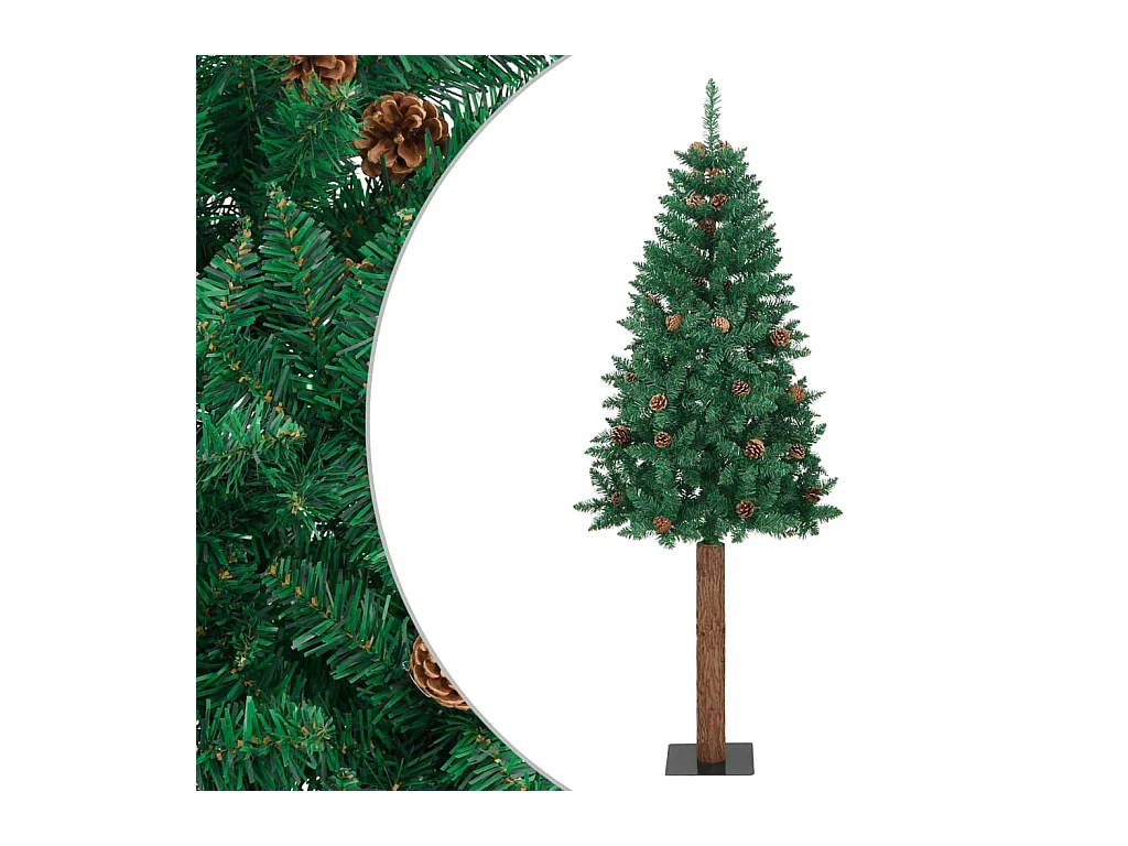 Sapin de Noël mince avec bois véritable et cônes vert 180cm PVC
