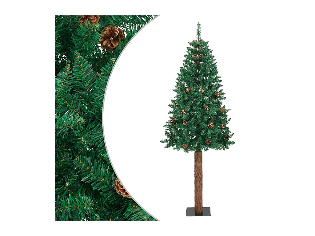Sapin de Noël mince avec bois véritable et cônes vert 210cm PVC