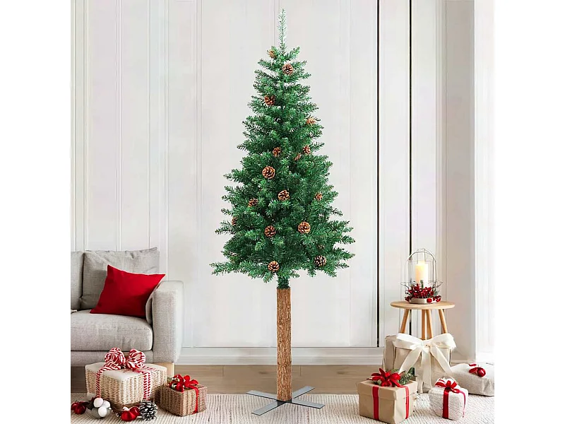 Sapin de Noël mince avec bois véritable et cônes vert 210cm PVC