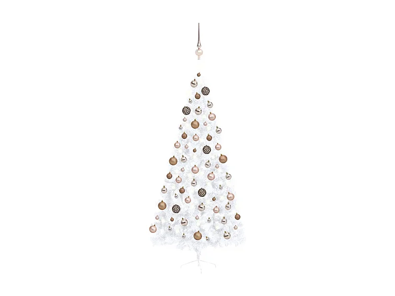 Demi-arbre de Noël artificiel pré-éclairé et boules blanc 210cm